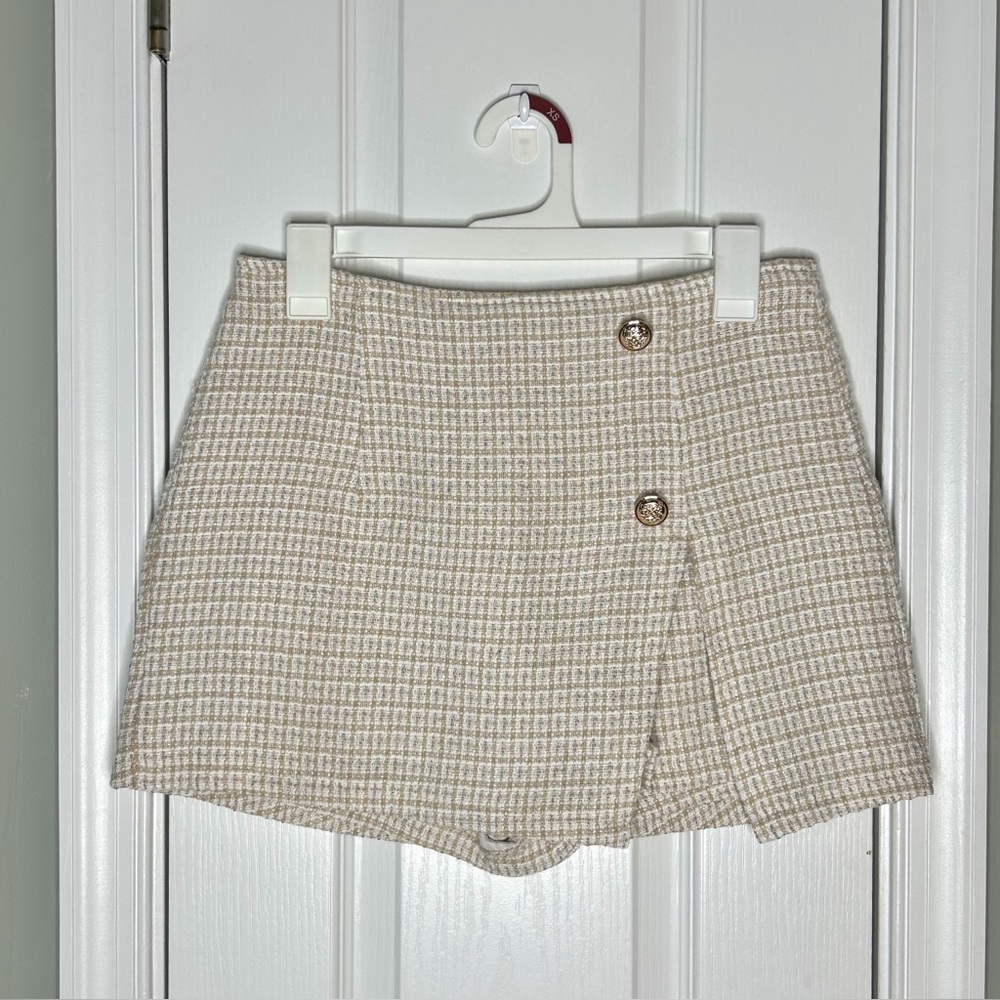 New SHEIN Tweed Skort Beige Plaid High Waisted Mini Skirt Shorts Size M (US 6)